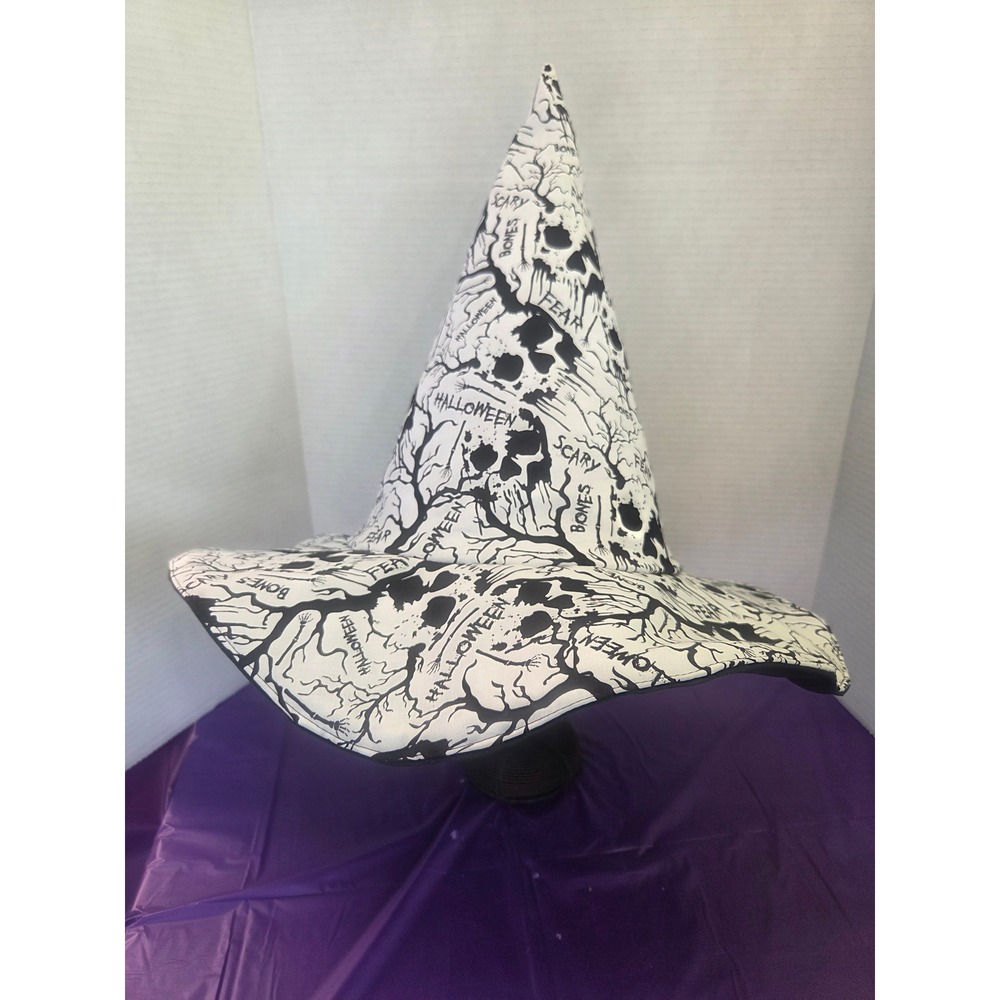 Halloween Witch Hat White Black Skull Tree Graphic Print Spooky Costume Hat